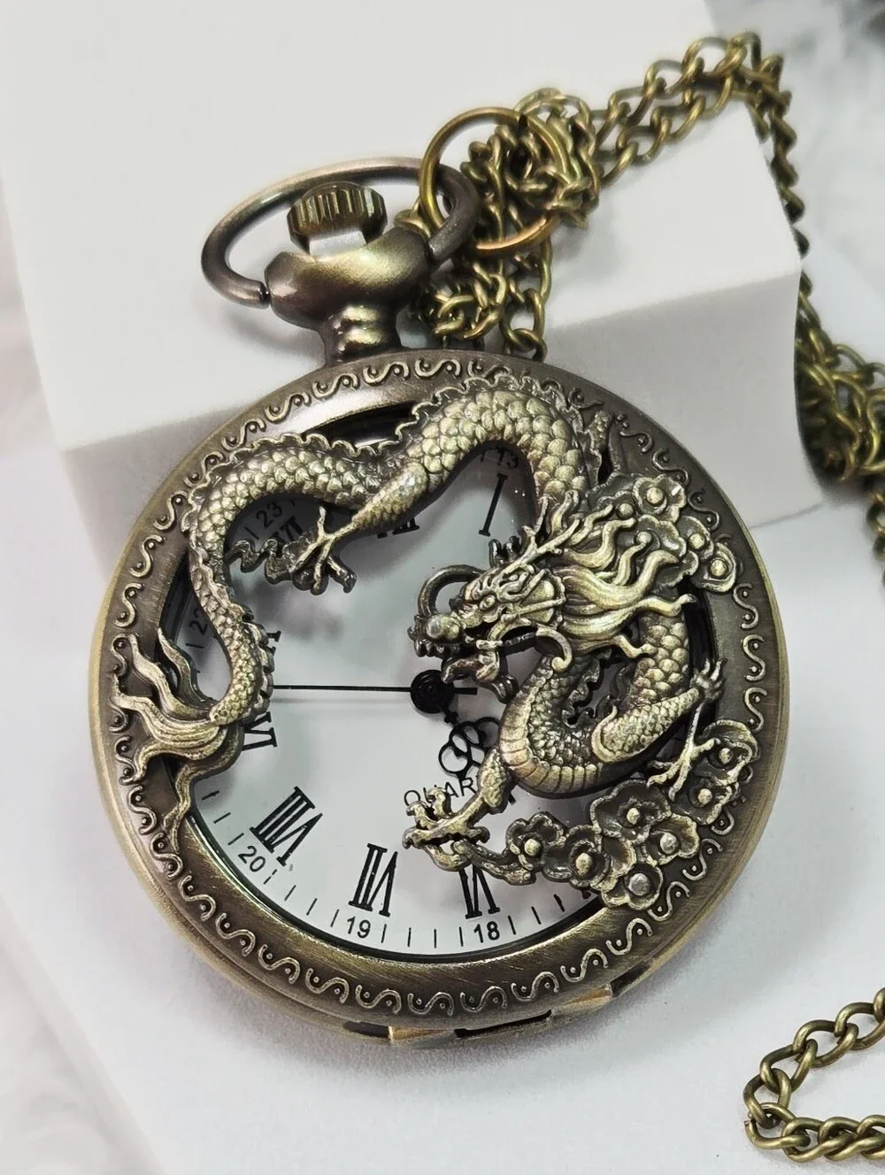 Chinese Dragon Pocket Watch Necklace Bronze Roman Numeral Lucky Steampunk DND